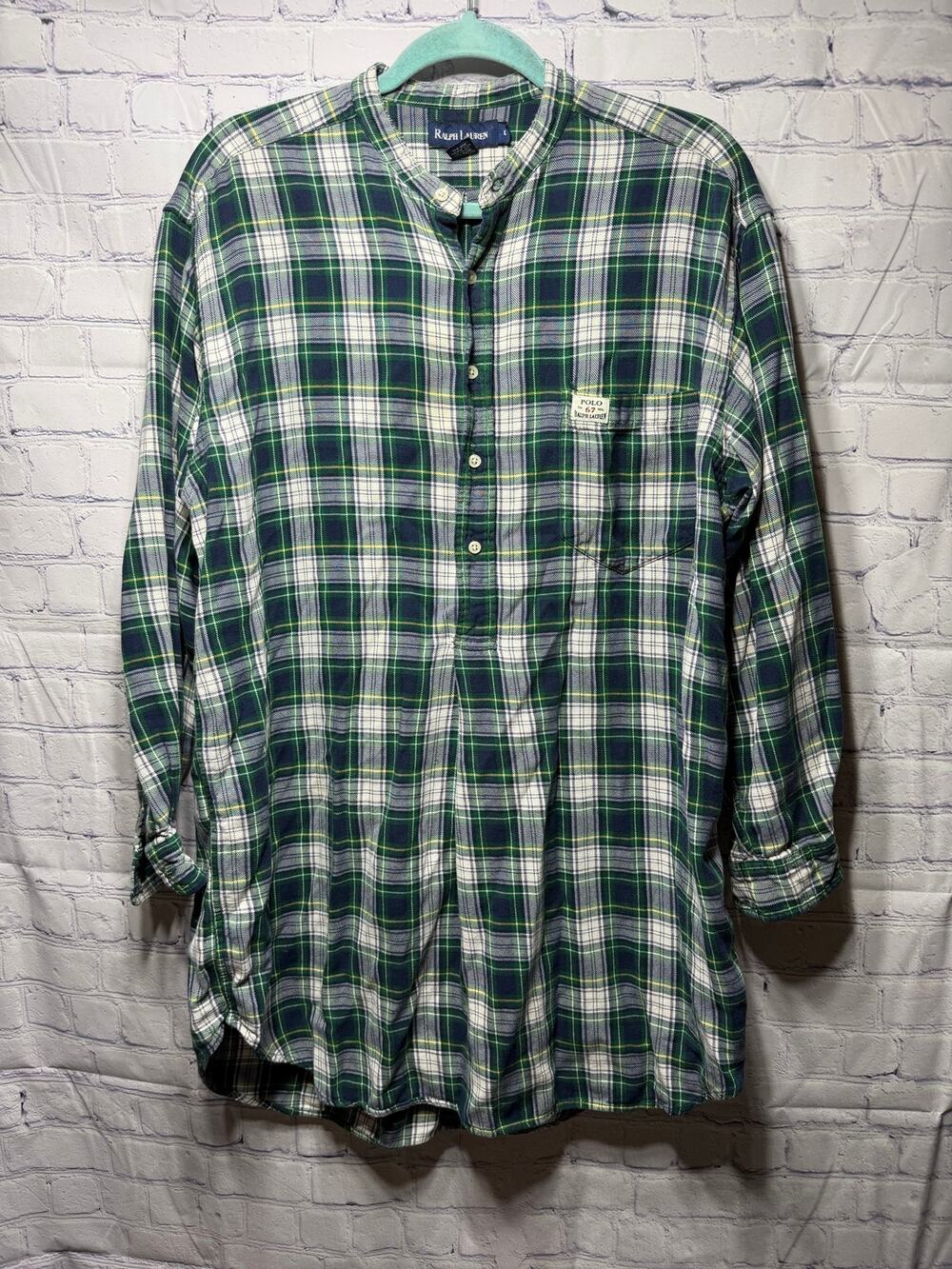 Ralph Lauren Mens VTG Long Sleeve Popover Flannel Shirt Sz L Green